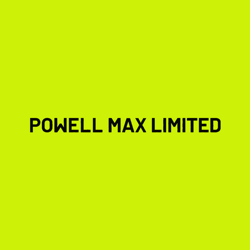 The PMAX mark: POWELL MAX LIMITED set in black on chartreuse